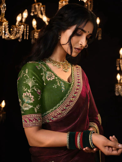 Adorable Maroon Embroidered Silk Wedding Wear Saree With Blouse